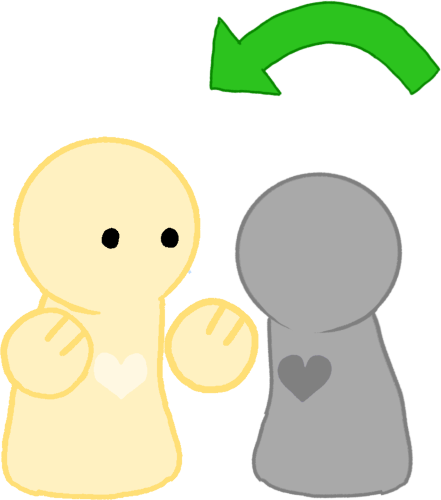 a muted yellow simplified character with a grey heart in the center, it's holding a cane there's a grey figure next to it, there is a green arrow pointing to the yellow figure.